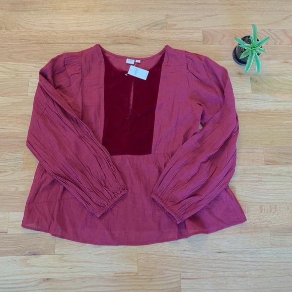 GAP Red Velvet Bib Split Neck Blouse - Picture 2 of 6